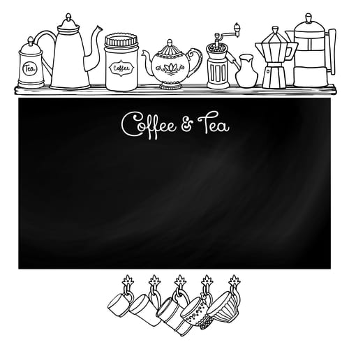 A cartoon style drawing with coffee and tea pots and mugs hanging under the shelf