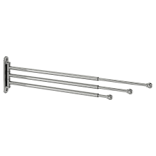 One wallmounted towel bar with 3 rods for hanging towels that swings out from the wall. 