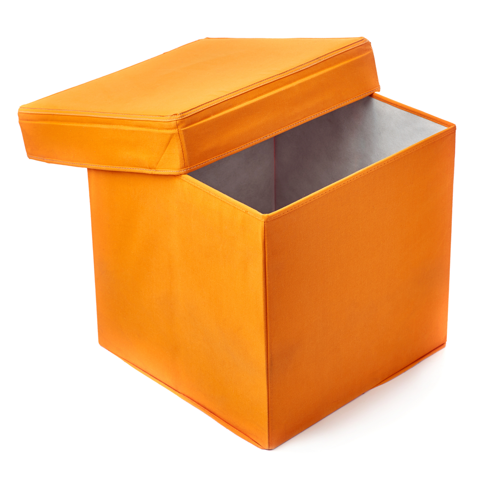 A  square orange ottoman  with a removable lid. 